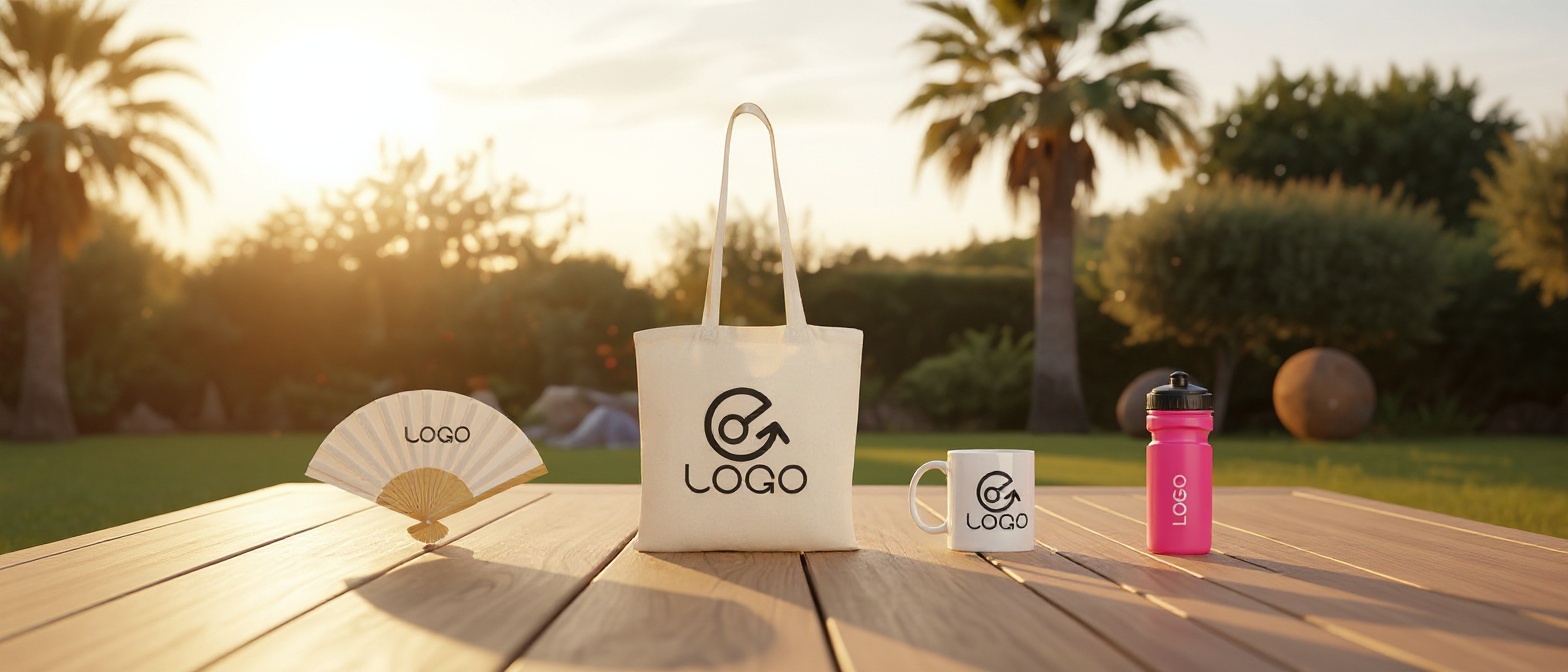 Goodies d'été personnalisés : éventail, tote bag, mug et gourde à votre logo