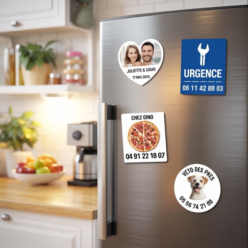 Magnets personnalisés sur une porte de frigo : rond, carré, rectangle et découpé à la forme